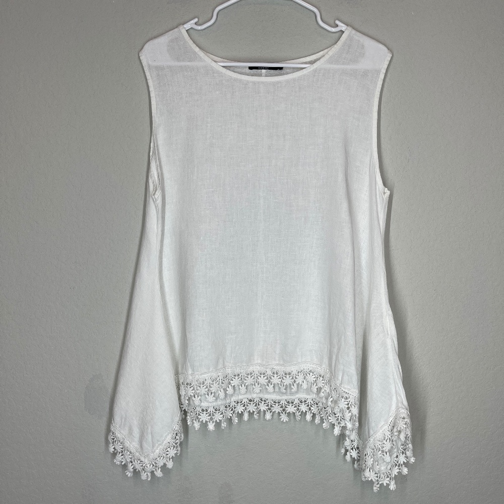 Senzatempo Linen Tank Top Women's L Lagenlook Italy Crochet Trim Beach Casual